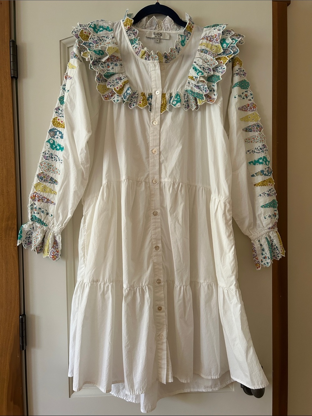 Sea New York White Tiered Button-Front Linden Patchwork Quilted Dress Dtunning